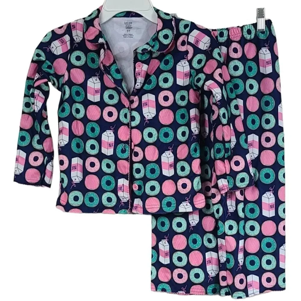 Carter's Girls 5T Navy Doughnut Long Sleeve Flannel Pajama Set Soft Toddler PJs